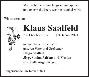 Traueranzeige von Klaus Saalfeld  von Magdeburger Volksstimme