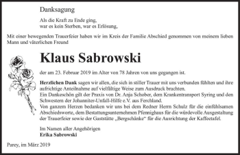 Traueranzeige von Klaus Sabrowski  von Magdeburger Volksstimme