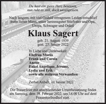Traueranzeige von Klaus Sagert  von Magdeburger Volksstimme