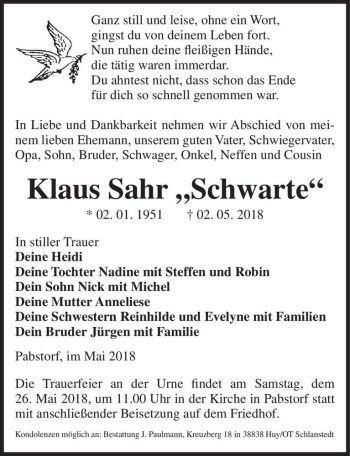 Traueranzeige von Klaus Sahr ,,Schwarte