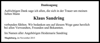 Traueranzeige von Klaus Sandring  von Magdeburger Volksstimme