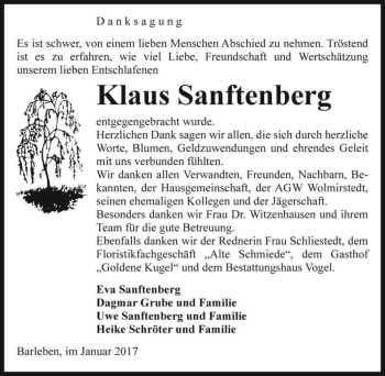 Traueranzeige von Klaus Sanftenberg  von Magdeburger Volksstimme