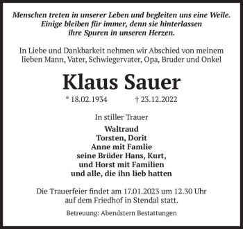 Traueranzeige von Klaus Sauer  von Magdeburger Volksstimme