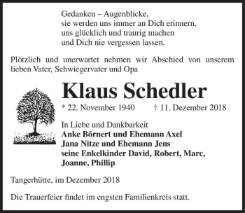 Traueranzeige von Klaus Schedler  von Magdeburger Volksstimme