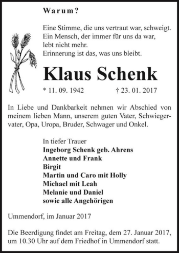 Traueranzeige von Klaus Schenk  von Magdeburger Volksstimme