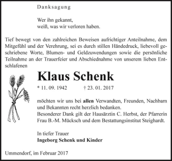 Traueranzeige von Klaus Schenk  von Magdeburger Volksstimme
