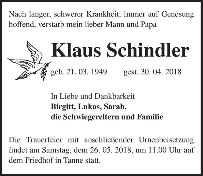  Traueranzeige für Klaus Schindler  vom 12.05.2018 aus Magdeburger Volksstimme