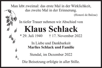 Traueranzeige von Klaus Schlack  von Magdeburger Volksstimme