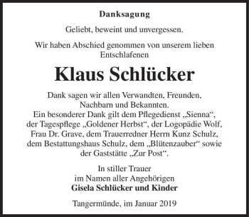 Traueranzeige von Klaus Schlücker  von Magdeburger Volksstimme