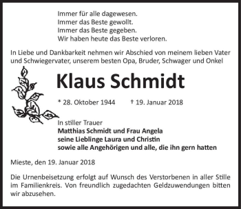 Traueranzeige von Klaus Schmidt  von Magdeburger Volksstimme