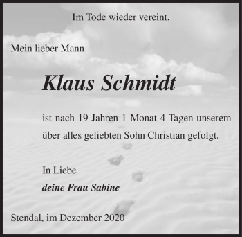 Traueranzeige von Klaus Schmidt  von Magdeburger Volksstimme