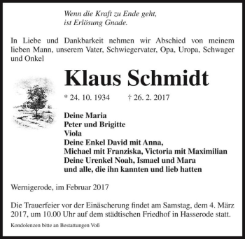 Traueranzeige von Klaus Schmidt  von Magdeburger Volksstimme