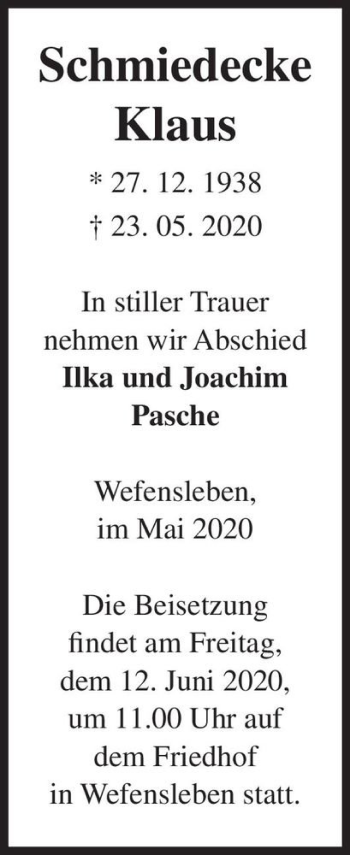 Traueranzeige von Klaus Schmiedecke  von Magdeburger Volksstimme