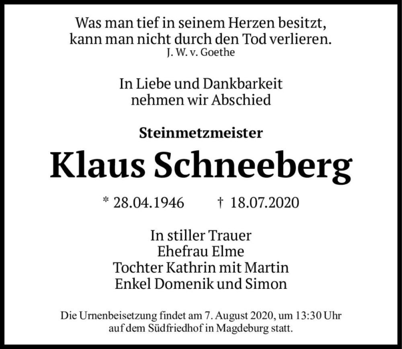  Traueranzeige für Klaus Schneeberg  vom 01.08.2020 aus Magdeburger Volksstimme
