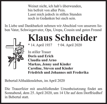 Traueranzeige von Klaus Schneider  von Magdeburger Volksstimme