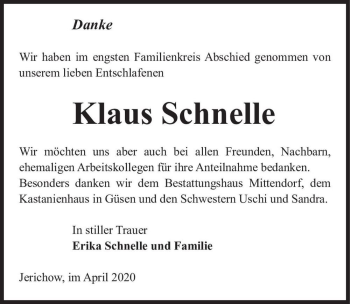 Traueranzeige von Klaus Schnelle  von Magdeburger Volksstimme