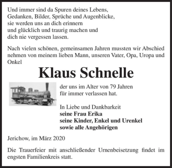 Traueranzeige von Klaus Schnelle  von Magdeburger Volksstimme