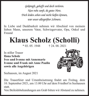 Traueranzeige von Klaus Scholz 