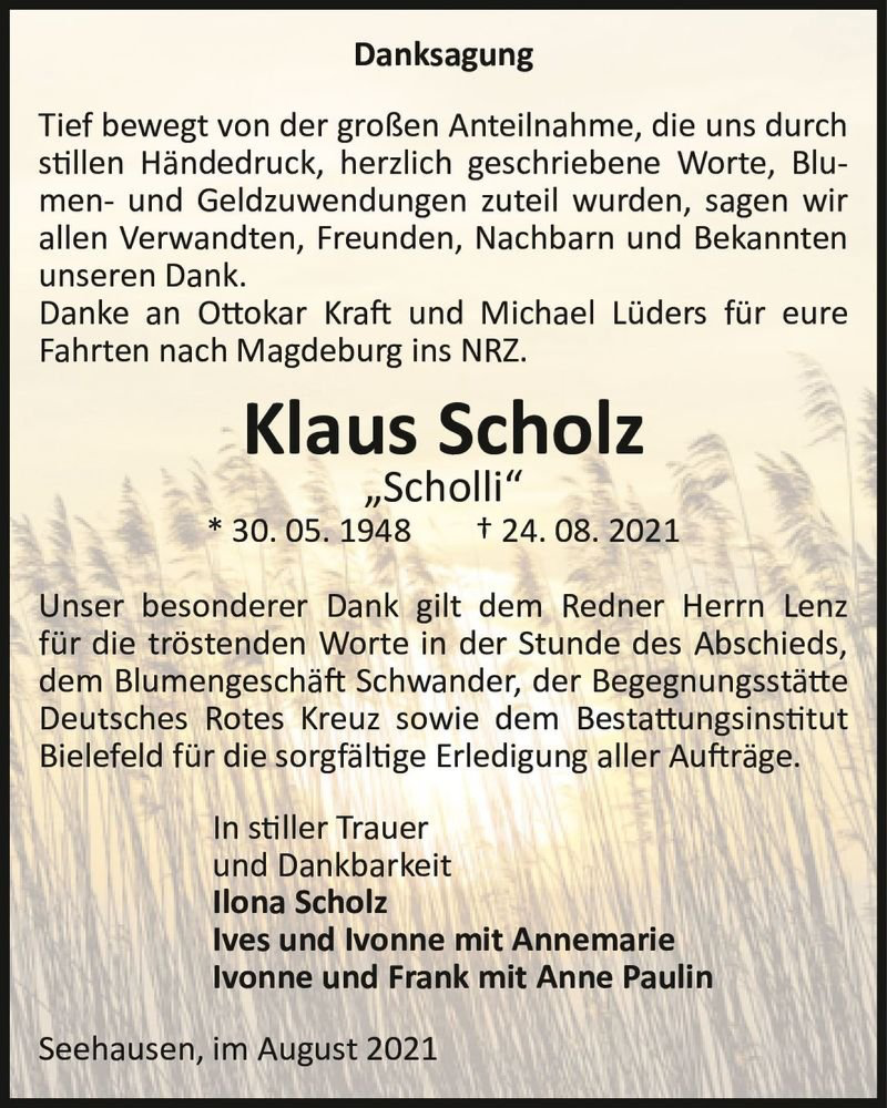  Traueranzeige für Klaus Scholz 