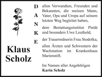 Traueranzeige von Klaus Scholz  von Magdeburger Volksstimme