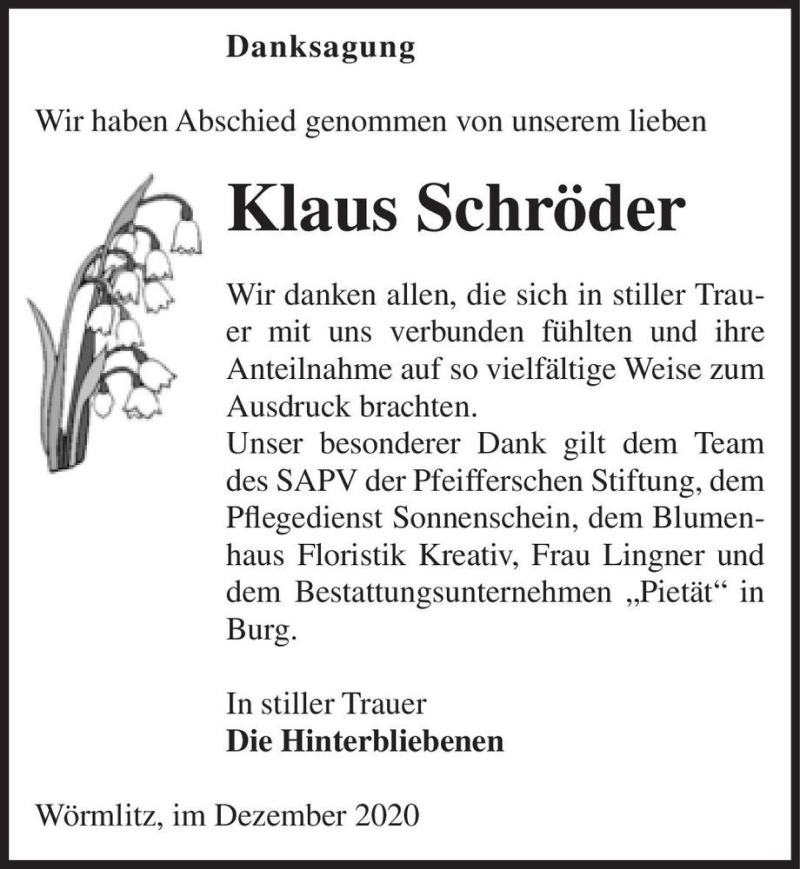  Traueranzeige für Klaus Schröder  vom 02.01.2021 aus Magdeburger Volksstimme