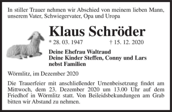 Traueranzeige von Klaus Schröder  von Magdeburger Volksstimme