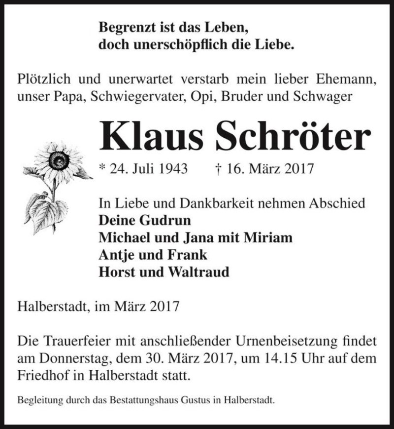  Traueranzeige für Klaus Schröter  vom 18.03.2017 aus Magdeburger Volksstimme