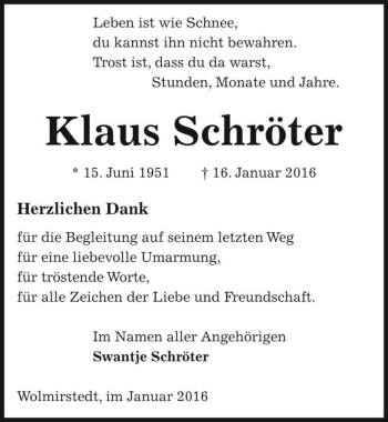 Traueranzeige von Klaus Schröter  von Magdeburger Volksstimme