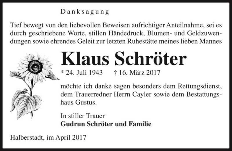  Traueranzeige für Klaus Schröter  vom 08.04.2017 aus Magdeburger Volksstimme