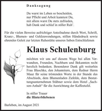 Traueranzeige von Klaus Schulenburg  von Magdeburger Volksstimme