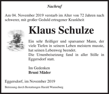 Traueranzeige von Klaus Schulze  von Magdeburger Volksstimme