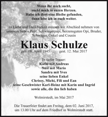 Traueranzeige von Klaus Schulze  von Magdeburger Volksstimme