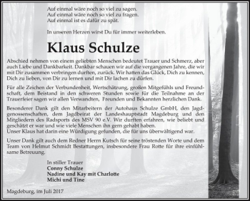 Traueranzeige von Klaus Schulze  von Magdeburger Volksstimme