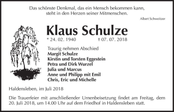 Traueranzeige von Klaus Schulze  von Magdeburger Volksstimme