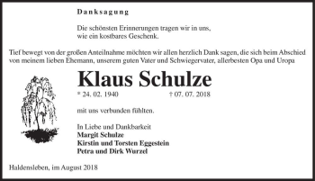 Traueranzeige von Klaus Schulze  von Magdeburger Volksstimme