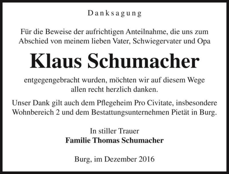  Traueranzeige für Klaus Schumacher  vom 17.12.2016 aus Magdeburger Volksstimme