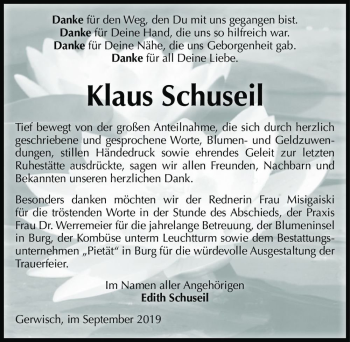 Traueranzeige von Klaus Schuseil  von Magdeburger Volksstimme