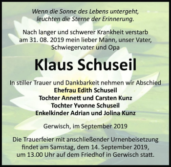 Traueranzeige von Klaus Schuseil  von Magdeburger Volksstimme