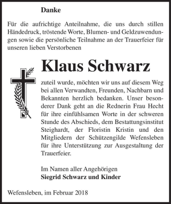 Traueranzeige von Klaus Schwarz  von Magdeburger Volksstimme