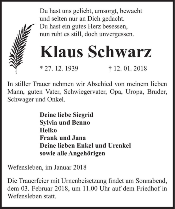 Traueranzeige von Klaus Schwarz  von Magdeburger Volksstimme