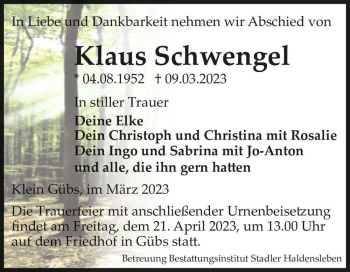 Traueranzeige von Klaus Schwengel  von Magdeburger Volksstimme