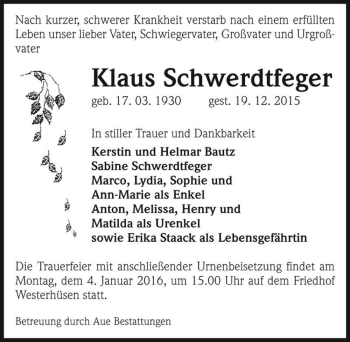 Traueranzeige von Klaus Schwerdtfeger  von Magdeburger Volksstimme