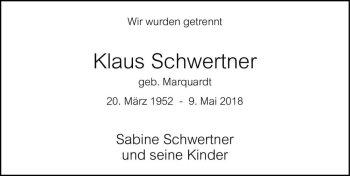 Traueranzeige von Klaus Schwertner (geb. Marquardt)  von Magdeburger Volksstimme