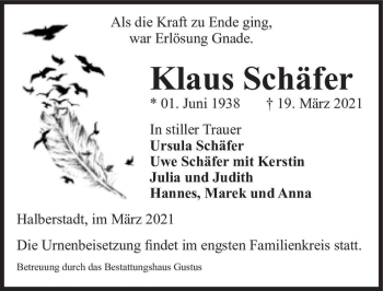 Traueranzeige von Klaus Schäfer  von Magdeburger Volksstimme