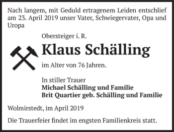 Traueranzeige von Klaus Schälling  von Magdeburger Volksstimme