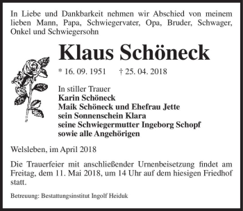Traueranzeige von Klaus Schöneck  von Magdeburger Volksstimme