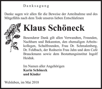 Traueranzeige von Klaus Schöneck  von Magdeburger Volksstimme