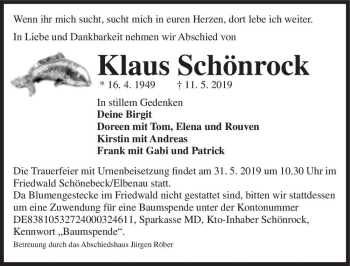 Traueranzeige von Klaus Schönrock  von Magdeburger Volksstimme