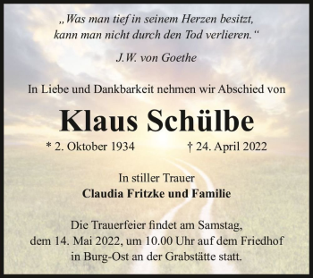 Traueranzeige von Klaus Schülbe  von Magdeburger Volksstimme