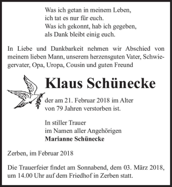 Traueranzeige von Klaus Schünecke  von Magdeburger Volksstimme